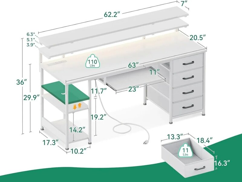 63-Zoll-Computertisch mit Steckdose und LED-Licht, Schreibtisch mit Stoffs chu blade und Tastatur ablage, Spieles ch reibt isch