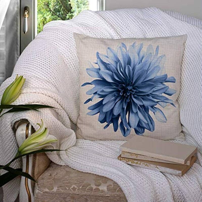Funda de almohada de lino y algodón, cubierta decorativa de flores de color azul claro