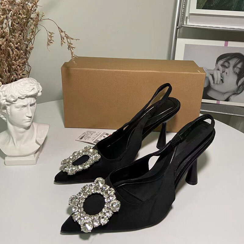 Tajam berlian imitasi persegi gesper sepatu Muller hak tinggi hak tinggi dangkal mulut tumit tipis terkena hak di belakang sandal seksi