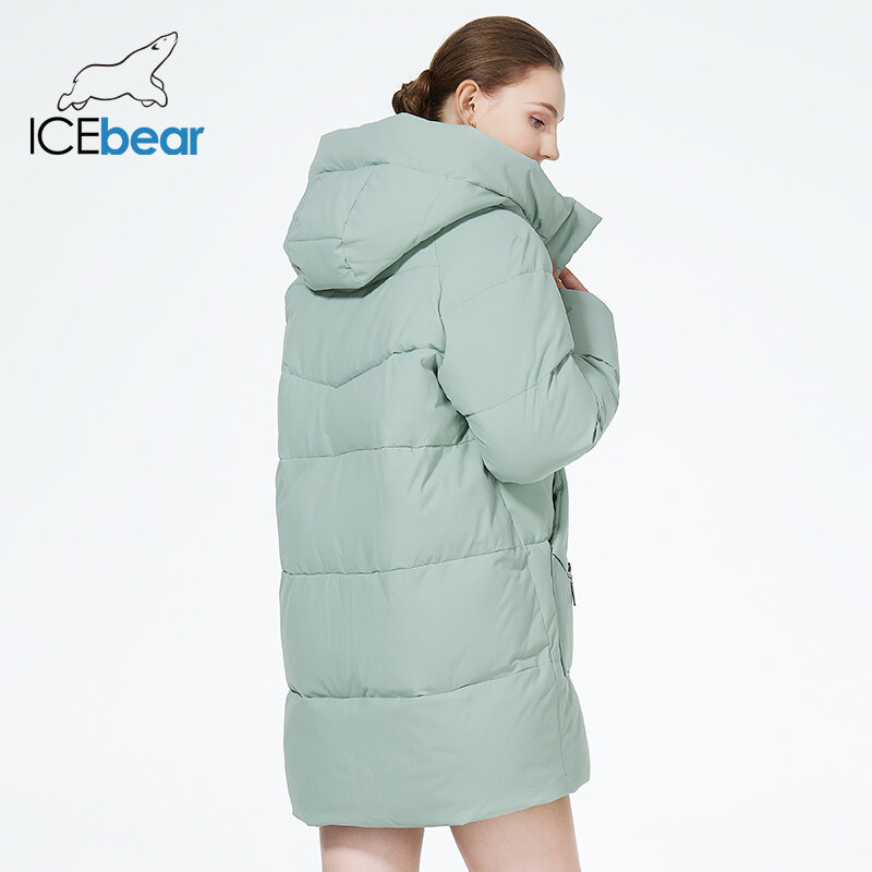ICEbear jaket puffer Musim Dingin Wanita, jaket panjang setengah kasual bertudung tahan angin, mantel katun merek pakaian GWD3922I 2023