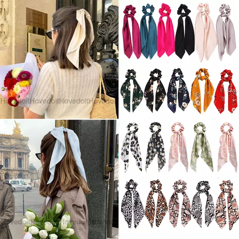 Monocromático Bow Satin Scrunchies para Mulheres e Meninas, Elastic Hair Bands, Long Ribbon Ponytail Scarf, Hair Tie, Acessórios de moda
