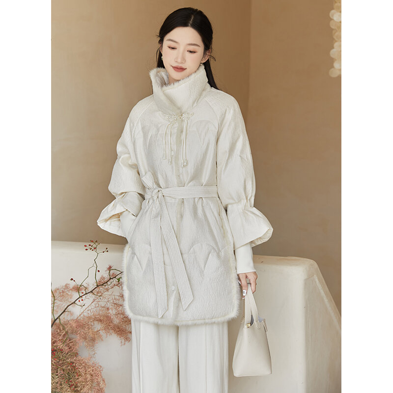 Jaket down Musim Dingin, jaket wanita Retro gaya Cina gesper 90 putih bebek bawah dipertebal jaket pas longgar