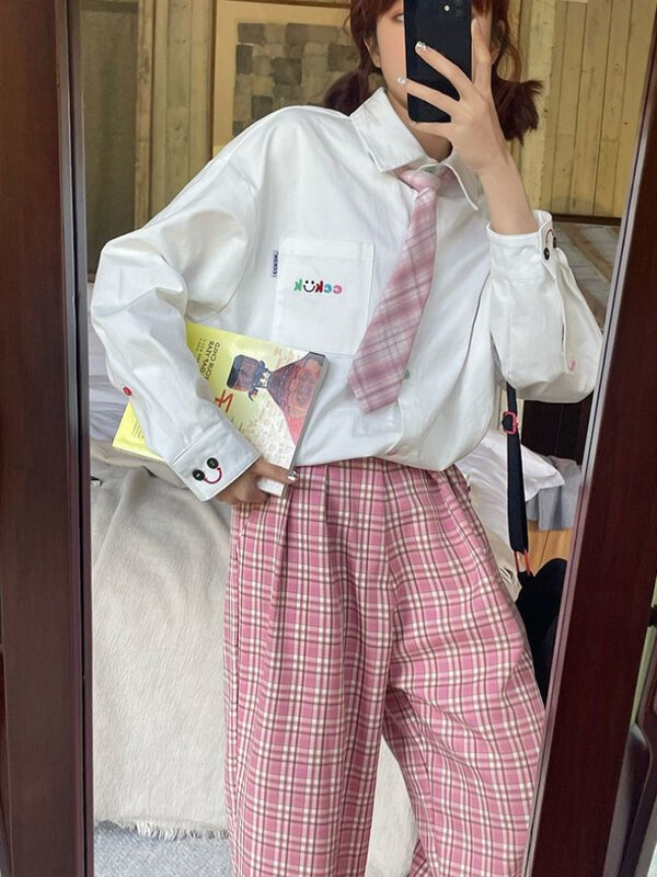 Deeptown-camisas blancas estilo Preppy para mujer, blusas Harajuku Kawaii informales de manga larga, moda coreana, Tops holgados para jóvenes