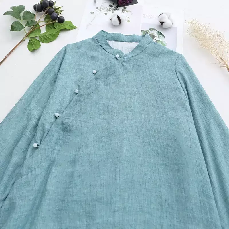 Original Frauen Frühling Baumwolle Stehkragen chinesischen Stil Vintage Schnalle Langarm lila Hemd lose lässige Bluse Damen Tops