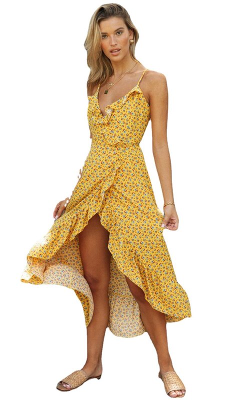 Платье женское с цветочным принтом, пикантное модное асимметричное с V-образным вырезом, открытой спиной и оборками, на бретелях-спагетти, для отпуска, на лето