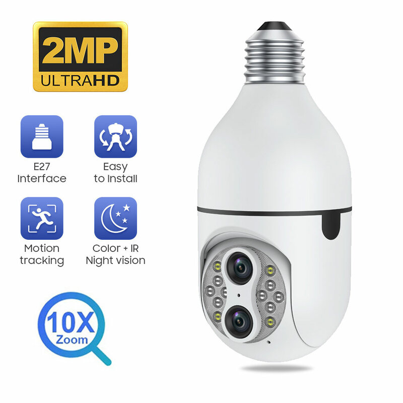HD 1080P Dual Lens 10X Zoom 360 PTZ Security Bulb Mini Camera with Auto Tracking 2 Way Audio Color Night Vision WiFi CCTV Camera