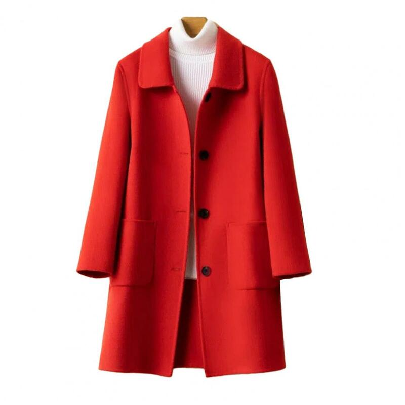 Abrigo de invierno de longitud media para mujer, abrigo con bolsillos de solapa de un solo pecho, grueso, resistente al frío, Color sólido, elegante, otoño