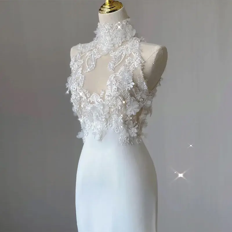 Sukienki weselne dla kobiet w stylu Vintage aplikacje z długim rękawem z wysokim kołnierzem na zamek bankiet eleganckie sukienki na studniówkę Vestidos