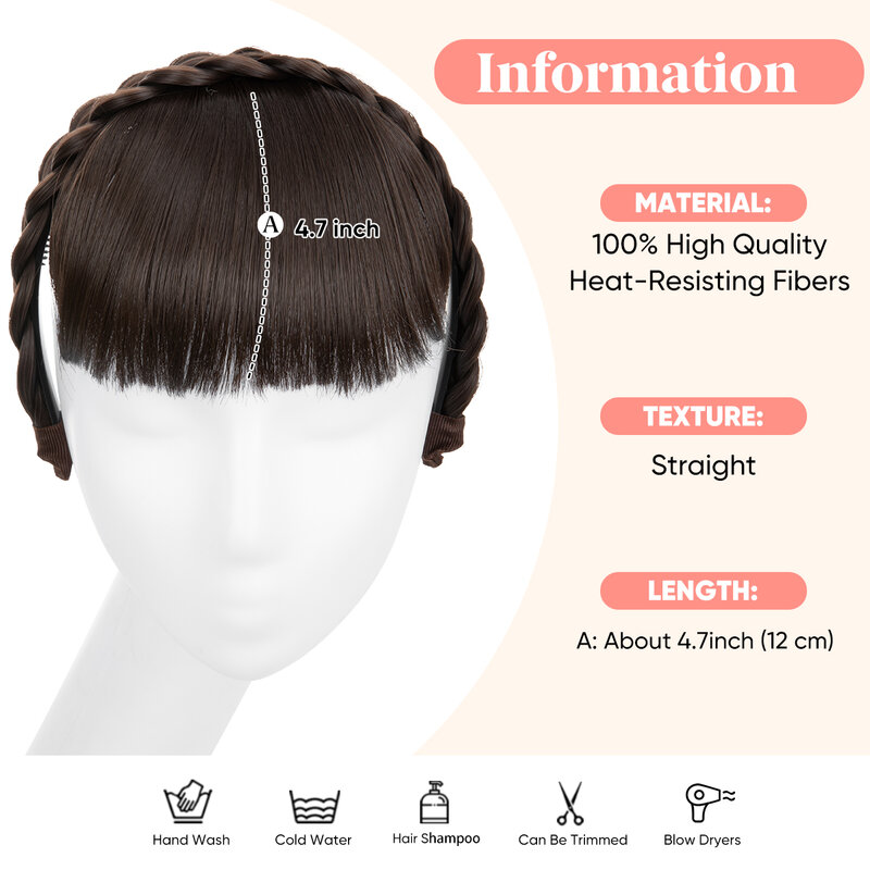 Premium Synthetic Natural Hair Blunt Fringe Without Long Sides Fake Braid Headband Bangs Daily Hair Bang Extension For Women B11