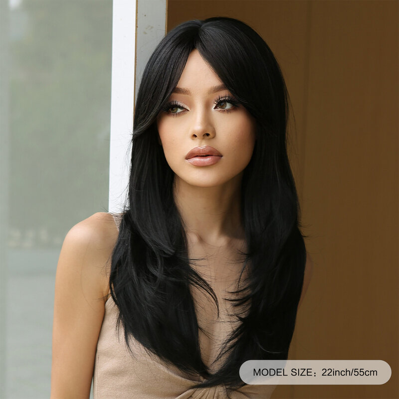 Długie peruki syntetyczne proste naturalne czarne włosy warstwowe peruki dla czarnych kobiet żaroodporne peruki Cosplay odporne na ciepło