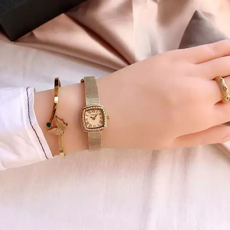 24K gold brass not fade new design fashion retro women's watch Japanese luxury square small dial watch thin strap quartz watch