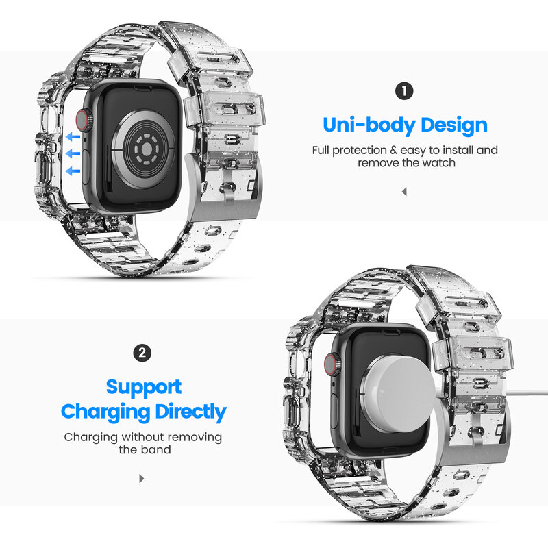 Apple Watch用の透明なストラップ,iwatchシリコンストラップ用のクリアバンドとケース8, 7, 6,se,5,3,2,40mm, 44mm, 42mm 41mm, 45mm, 38mm
