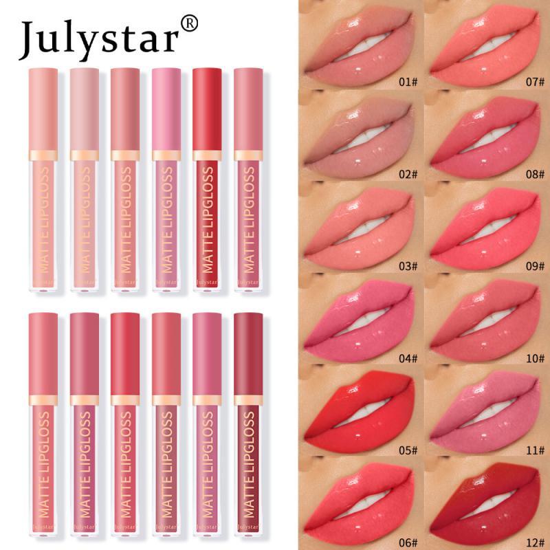 Julystar lipstik Lip Gloss cermin 12 warna, kosmetik riasan wanita, Lip Gloss berkilau tahan air dan tahan lama