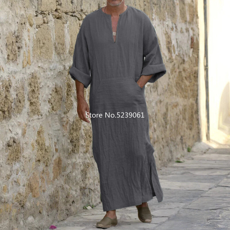 Islamitische Traditionele Jubba Thobe Mannen Abaya Linnen Moslim Gewaden Dubai Arabisch Kaftan Kleding Qamis Homme Arabische Turk Gown Hijab Jurk