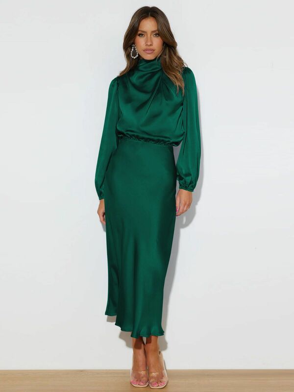 2024 kobiet elegancka satynowa suknia wieczorowa morelowa czarna zielona z długim rękawem ubrania damskie damska wysokiej jakości sukienki koktajlowe
