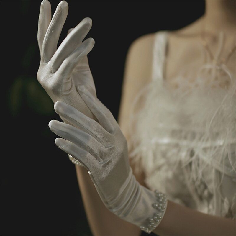 Hochzeit Braut Satin Kurze Handschuhe Perle Perlen Prom Fäustlinge