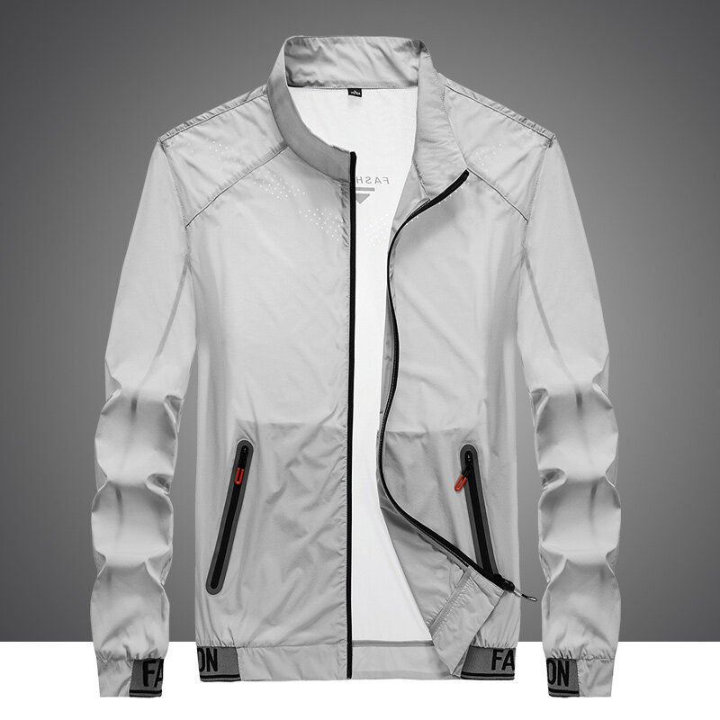 เสื้อโค้ท UPF50 + กันแดดสำหรับผู้ชาย, เสื้อโค้ทผ้าบางระบายอากาศแห้งเร็วเสื้อแจ็คเก็ตกีฬาคอตั้งน้ำแข็งกลางแจ้งสำหรับใส่ในฤดูร้อน