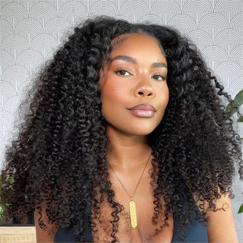 26“ Long Soft Glueless 180Density Naural Black Kinky Curly Lace Front Wig For Women BabyHair Preplucked Heat Resistant Daily