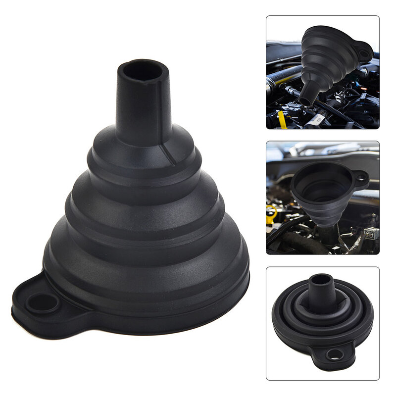 Automobile Collapsible Silicone Funnel Oil Fuel Gasoline Diesel Fluid Change Fill Black Silicone Funnel Trim 7.5cmx8cm