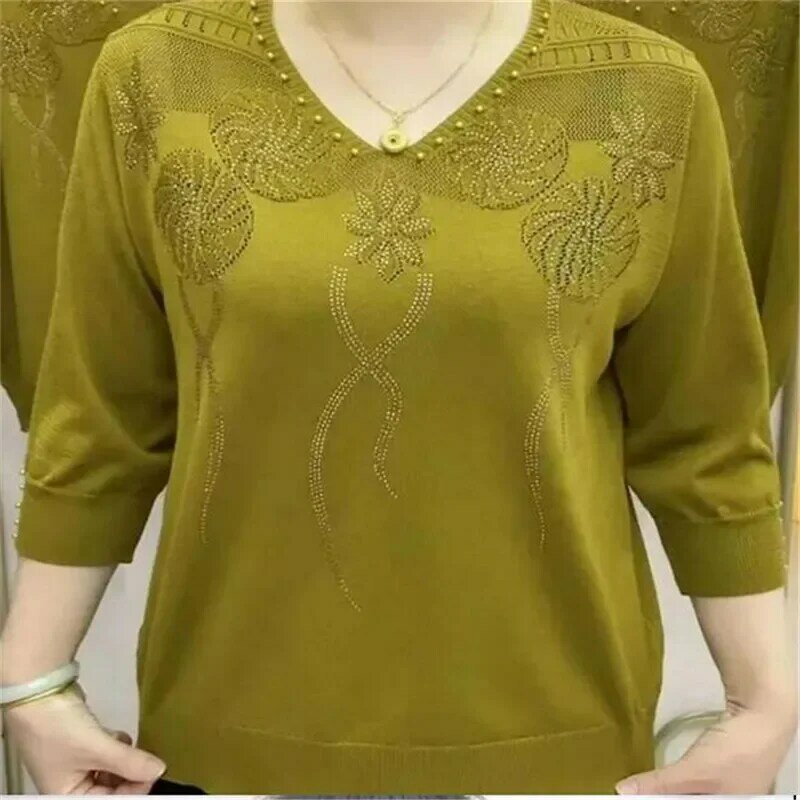 Koreańska odzież damska w stylu Vintage z 3/4 rękawami koszulka z dzianiny wiosenne lato z dekoltem w szpic z okrągłym dekoltem luźne bluzki 2023 nowość