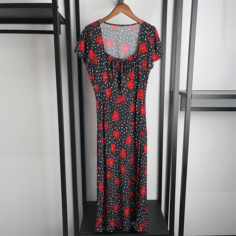 Robes For Ladies 2024 New Summer Dot Printing Square Collar or Tailored Collar Slim Waist Lace-up Casual Short Sleeve Dress