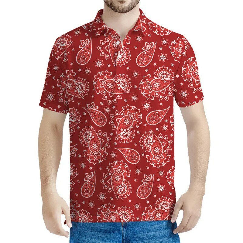 Polo imprimé 3D Paisley rouge pour hommes et femmes, motif floral bohème, manches courtes, t-shirts à revers d'été, t-shirts à boutons décontractés