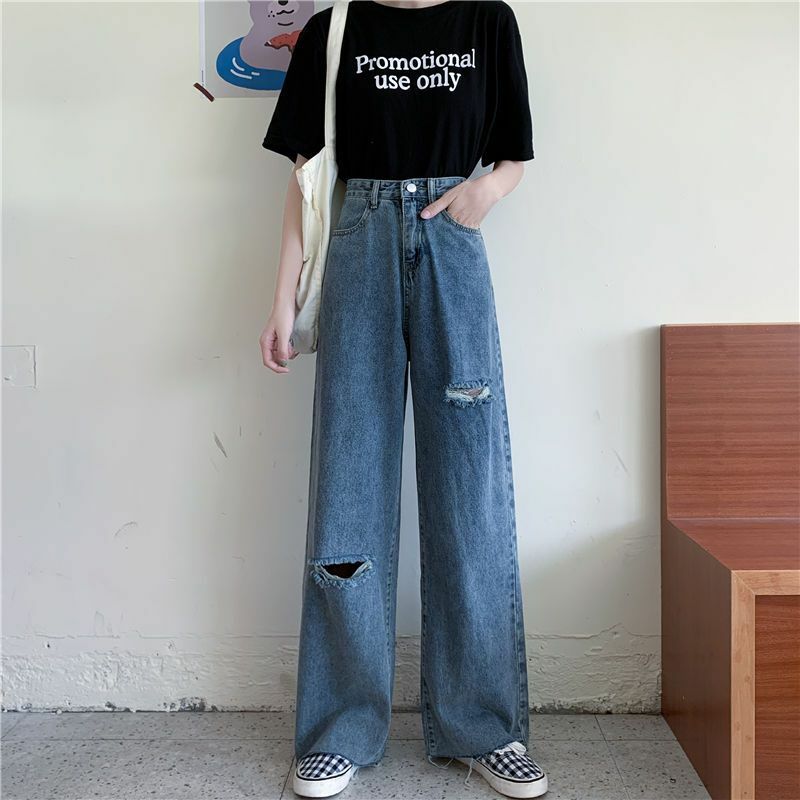 Jeans wanita edisi Korea pinggang tinggi berlubang, celana kaki lebar ramping longgar kaki lurus wanita musim semi/Panas 2024