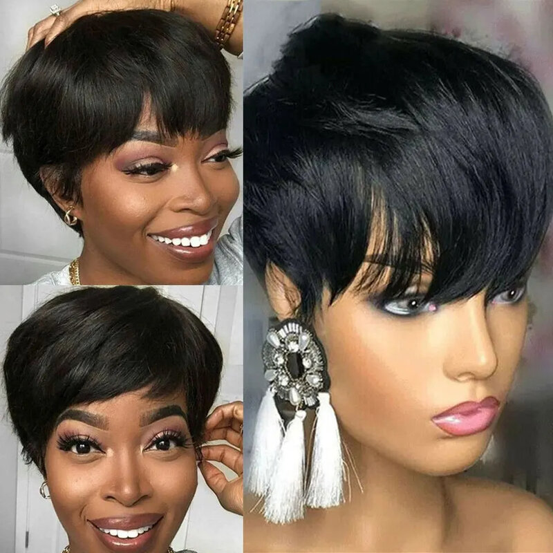 180D Pixie Short Cut Straight Human Hair Bob Wigs With Bangs Full Machine Made Layered Wigs For Black Women Glueless Wear & Go
