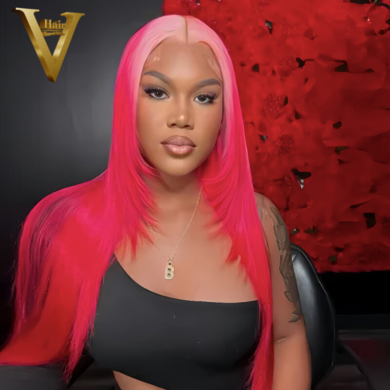 Wig 13X4 lurus merah muda panas untuk wanita hitam tanpa lem rambut manusia Virgin Brasil Wig 13X6 prepked renda transparan Wig depan