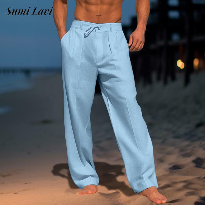 Wiosenne letnie bawełniane lniane spodnie męskie na co dzień w jednolitym kolorze luźne proste spodnie do męskich ze sznurkiem