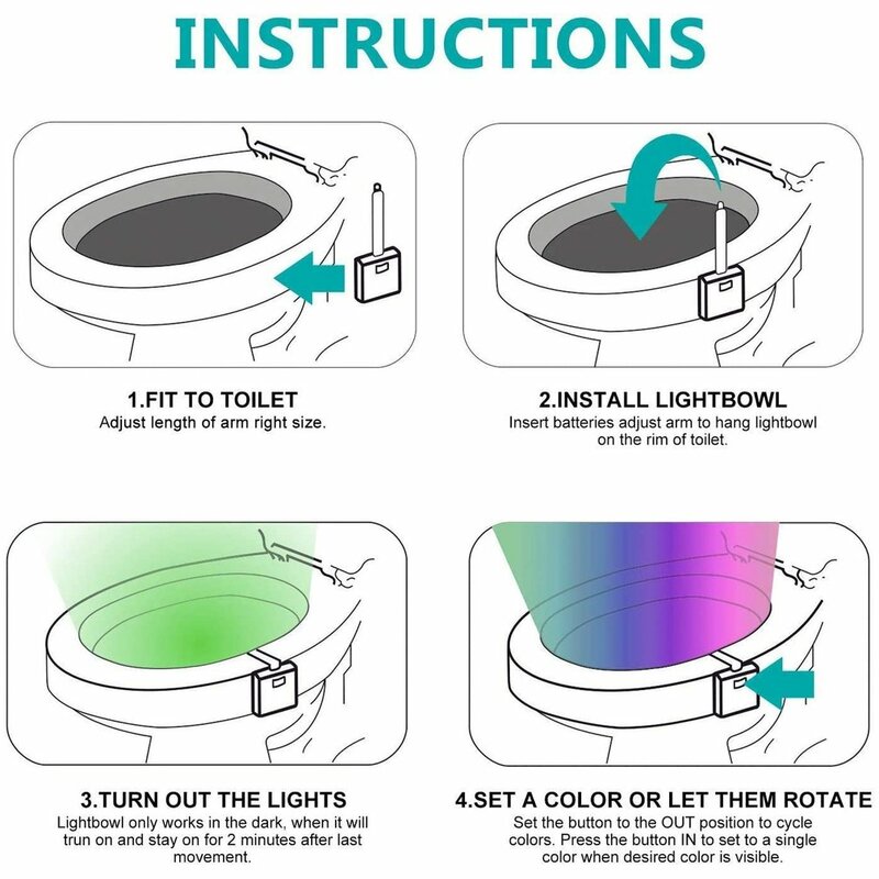 Impermeável LED Backlight para WC Bowl, Luminaria Lâmpada, WC Luz, Luz Noturna, PIR Sensor de Movimento, 8 cores