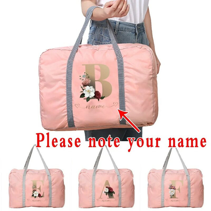 女性用のカスタマイズ可能なトラベルバッグ,大容量の荷物を整理するためのポータブルバッグ,ピンクのレタリング,旅行用アクセサリー