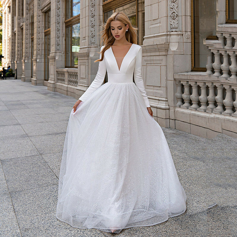 Gaun pengantin wanita lengan panjang leher V Modern gaun pengantin kain Tule berkilau bentuk huruf A gaun pengantin gaun pengantin wanita buatan khusus