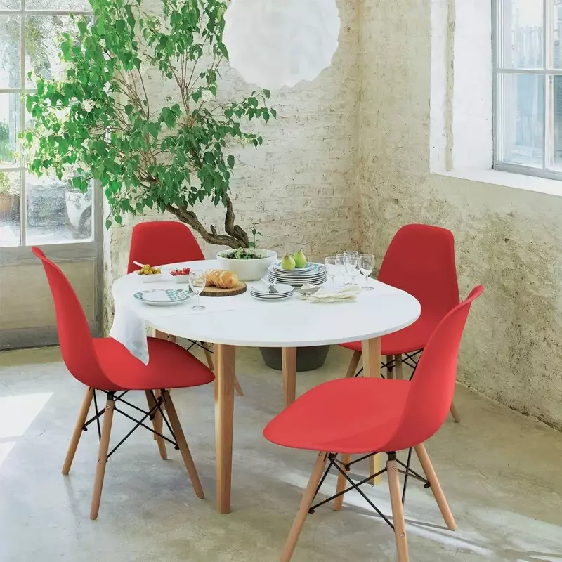 เก้าอี้ห้องรับประทานอาหารในห้องครัวแบบไม่มีที่วางแขนชุด4ชิ้น (สีแดง) เก้าอี้รับประทานอาหารเก้าอี้สไตล์ร่วมสมัยที่ประกอบไว้ล่วงหน้าสำหรับห้องครัว