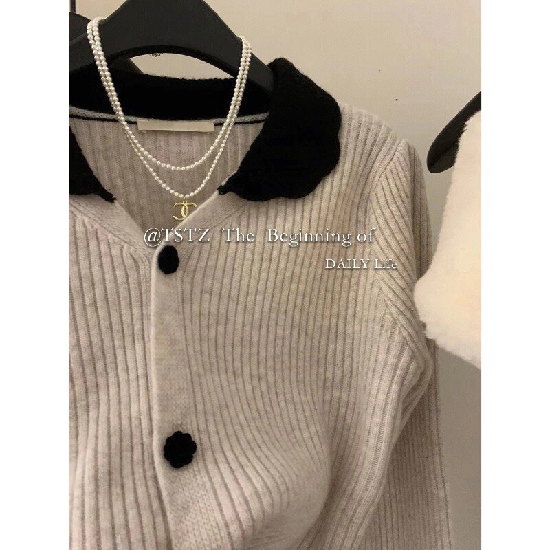 Cashmere Lapel Sweater Jacket for Women's Spring New Lazy Style Design Sense Top Pit Stripe Doll Neck Knitted Cardigan