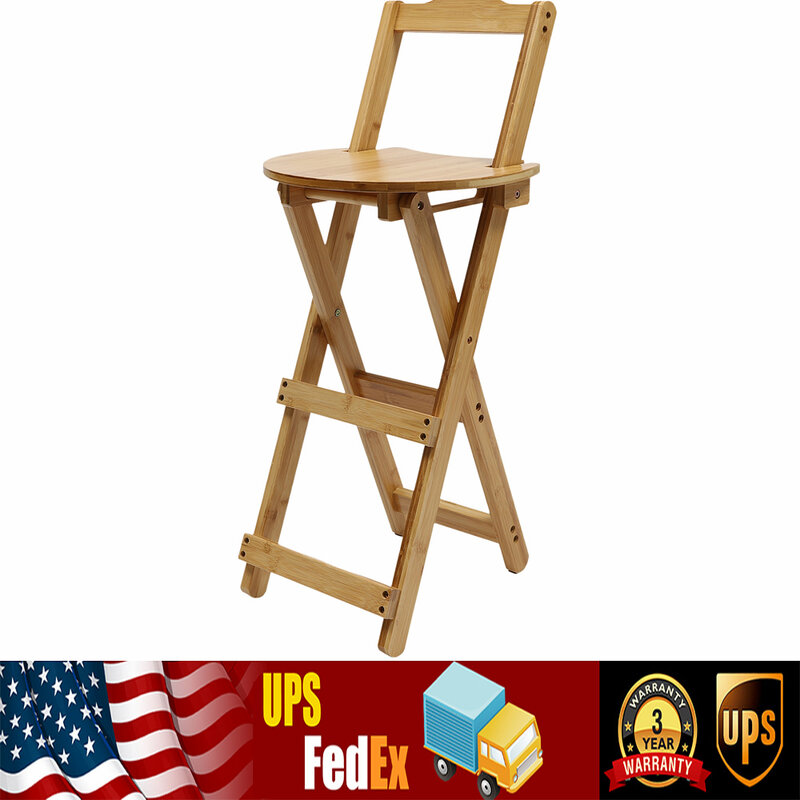Folding Bamboo Bar Stool with Backrest and Footrest Portable Bar Chairs for Home Kitchen Island No Assembly
