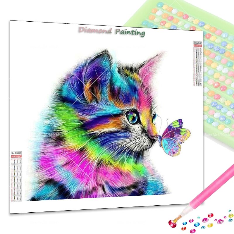 Pintura de diamante 5d Diy, mosaico redondo cuadrado completo de animales, gato con mariposa, bordado, regalo hecho a mano, decoración de pared, nuevo 2024