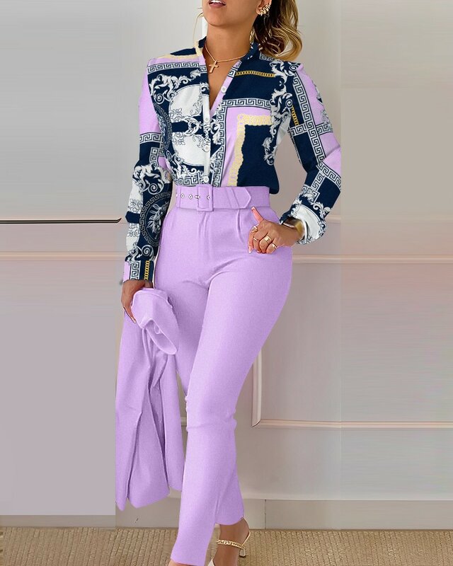 Casual Long Sleeve Shirt Pants Set Office Lady Fashion Elegant V Neck Floral Print Trousers Two Piece Set Women Outfit 2023