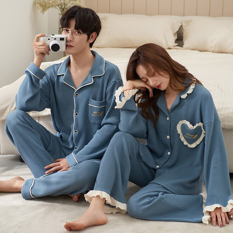 コットンパジャマカップル韓国カーディガン男性pijamas女性パジャマセットロング睡眠トップスパンツナイトウェアpjsパレハhombre