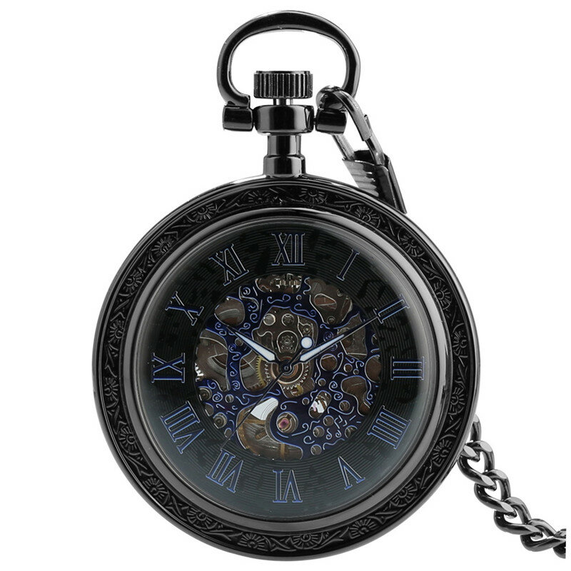 Jam tangan pria Steampunk, jam tangan saku mekanis otomatis Retro dengan rantai Fob, jam tangan angka Romawi Reloj De Bolsillo