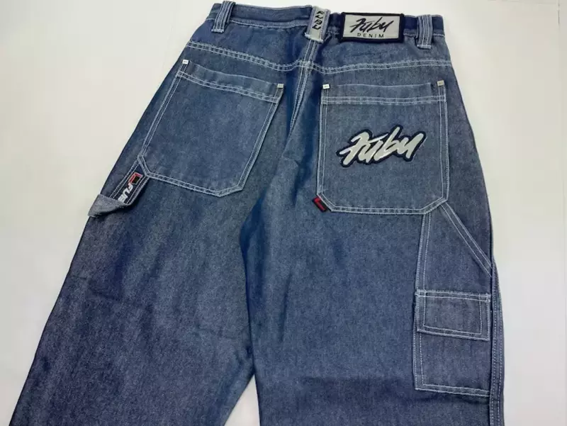 Pantaloni Jeans personalizzati Y2K lettere Hip-hop blu retrò Jeans larghi uomo nuovi pantaloni larghi Harajuku Gothic Street a vita alta