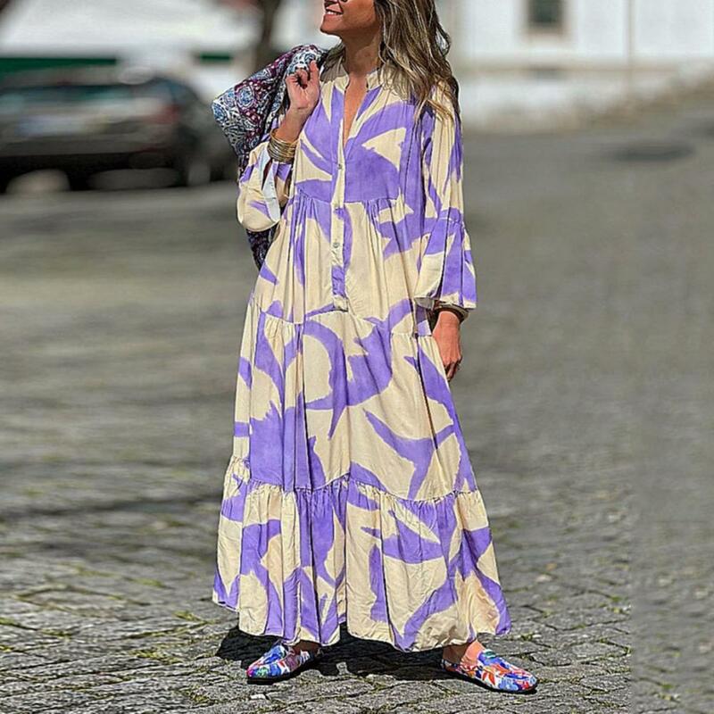 Women Bohemian Long Dress Bohemian Style Maxi Dress with Color Matching Print Pleated Patchwork for Summer Women Oversized