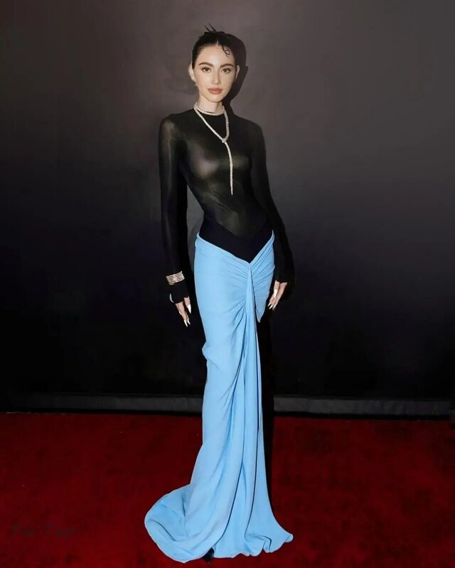 PuTao Women'S Prom Dress  Set Half Transparent Black Mesh Bodysuit + Draped Blue Long Skirt 2 Pieces Set For Special Events