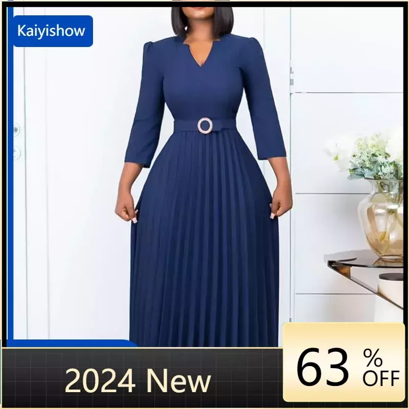 Африканские платья для женщин, Новинка осени 2024, модное элегантное Плиссированное Платье с V-образным вырезом, Женская африканская одежда, платье средней длины