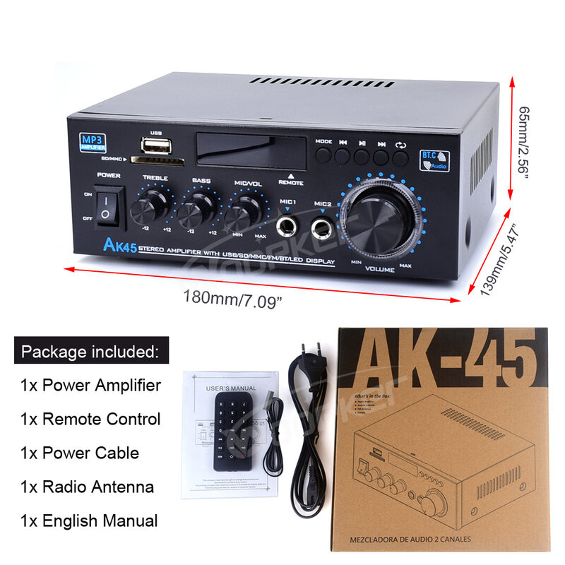Woopker-AK45 Amplificador Digital HiFi, Potência Máxima, Canal 90Wx2, Bluetooth, Som Surround, Alto-falante AMP para Casa e Carro, 2.0