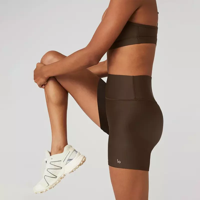 AL celana pendek Yoga, celana pendek Yoga terasa telanjang pinggang tinggi mengangkat pinggul ketat tampak tipis untuk lari kebugaran Gym latihan untuk wanita