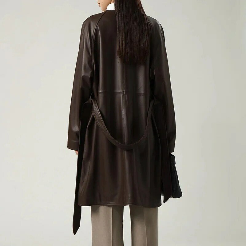 Trench coat de couro de carneiro para mulheres, decote em v, mangas raglan, casaco de gravata, elegante e genuíno, outono e inverno