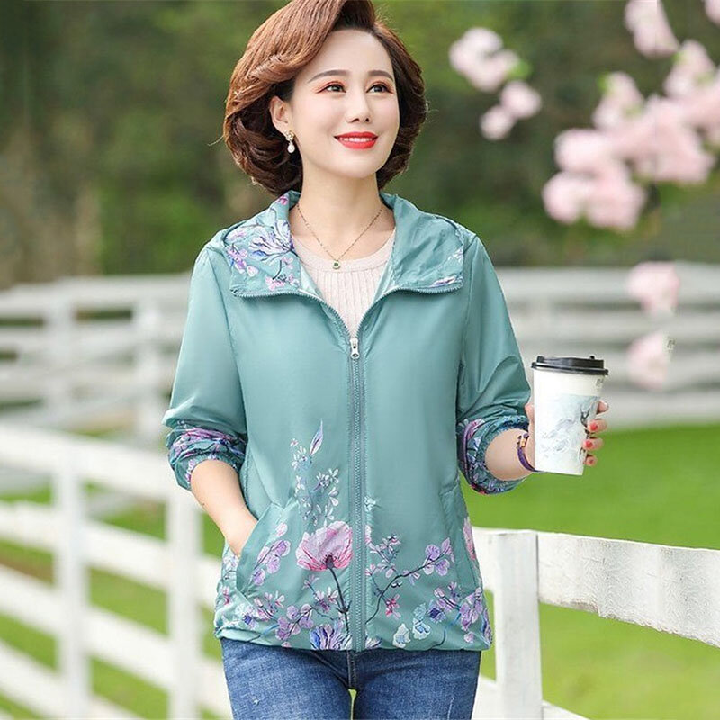 Fashion Coat 2024 New Middle Aged Elderly Women's Spring Autumn Clothing Loose Hooded Printed  Thin Jacket Female Outerwear Tops