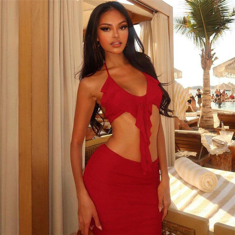 Red Women's Prom Dress 2 Pieces V Neck Sleeveless Halter Top+Summer Long Party Gown Beach Holiday Skirt Sexy Hollow Split Robes