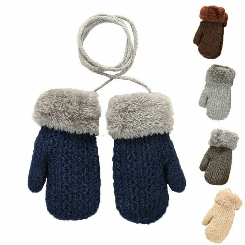 For 1-4 Years New Hot Hanging Neck Soft Thick Warm Kids Gloves Knitted Mittens Cute Cartoon